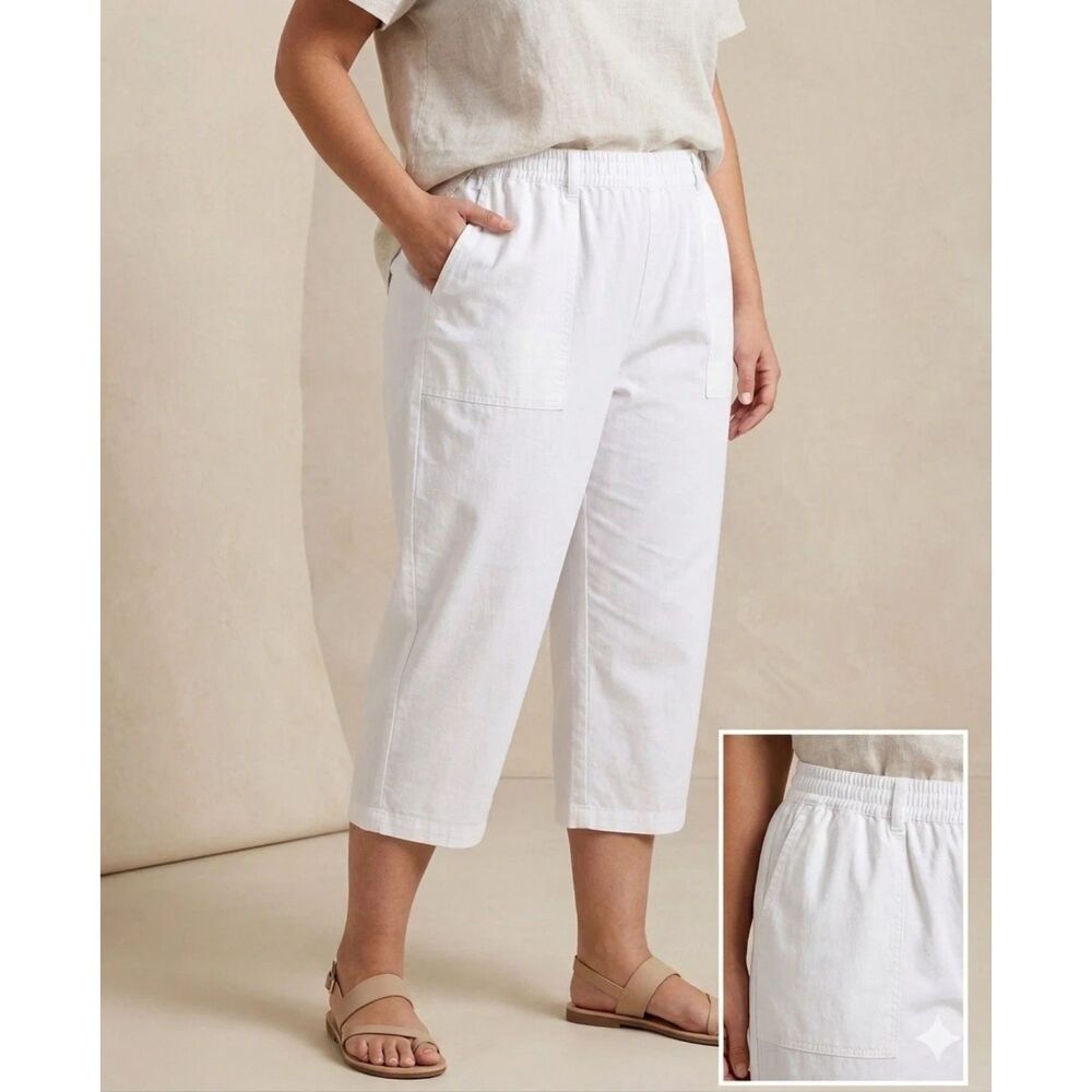 Eloquii Pull On Pants Womens 14 Ecru Wide Leg Stretch Waist Minimal Coastal New